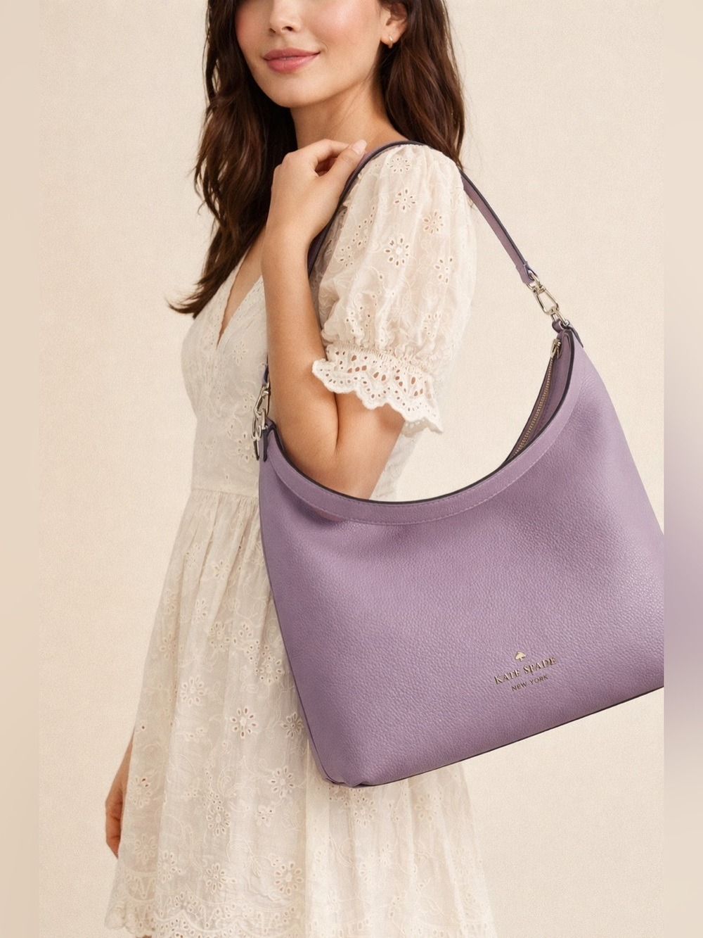 Kate Spade New York Pebbled Leather Hobo Shoulder Bag in Lilac Lavender BohoChic - Picture 2 of 13